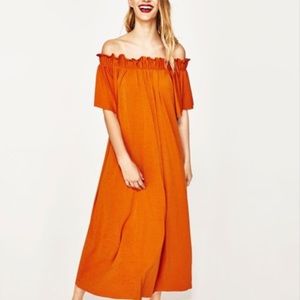 Zara off the shoulder orange jersey dress